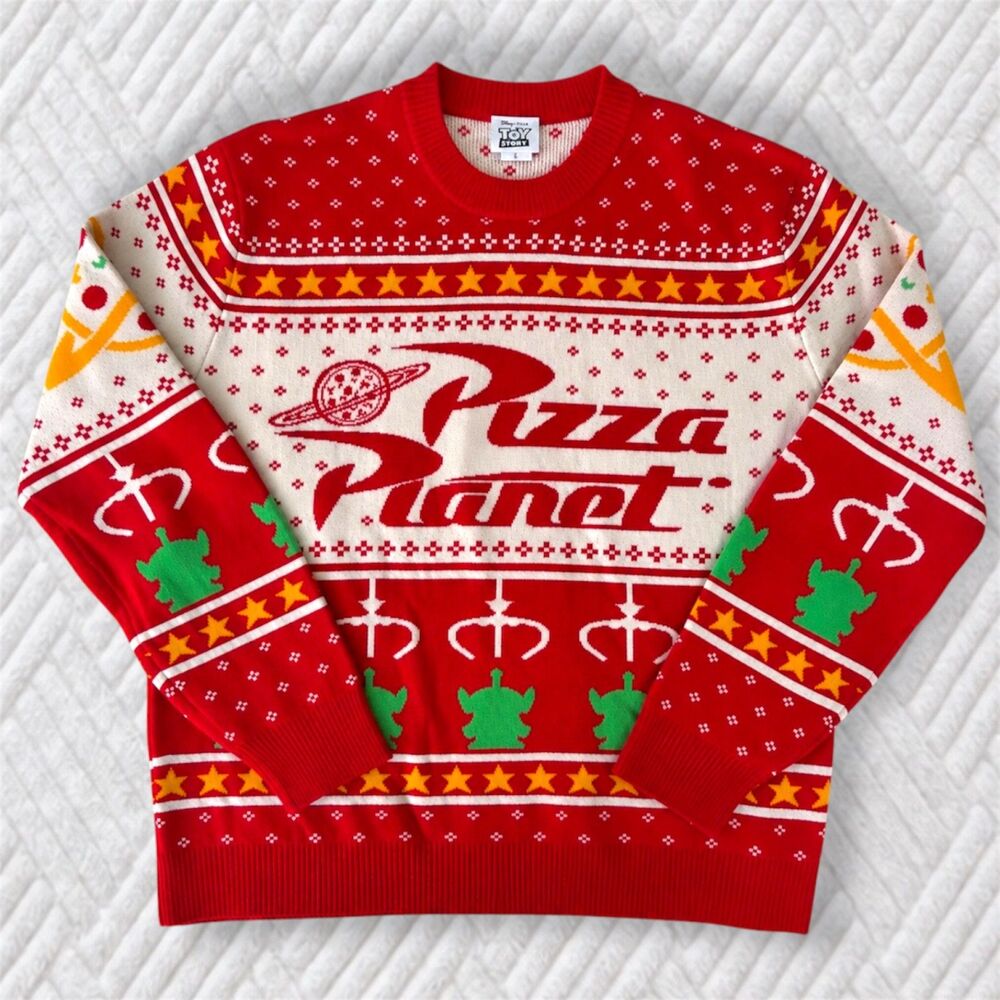 Disney Pixar Toy Story Men's L Pizza Planet Ugly Christmas Sweater Red Holiday